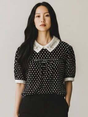 Faith and joy polka dot blouse, beaded,  collar s/s top, girly, cutouts, size L